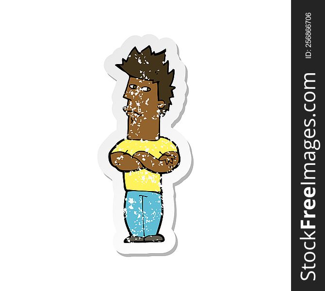 retro distressed sticker of a cartoon man sulking