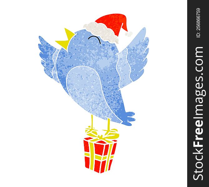 Retro Cartoon Of A Bird Wearing Santa Hat