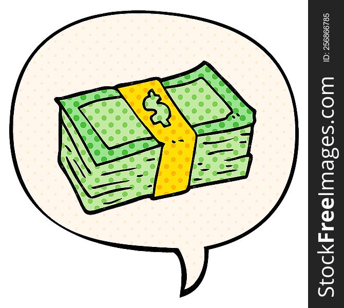 cartoon stack of cash with speech bubble in comic book style