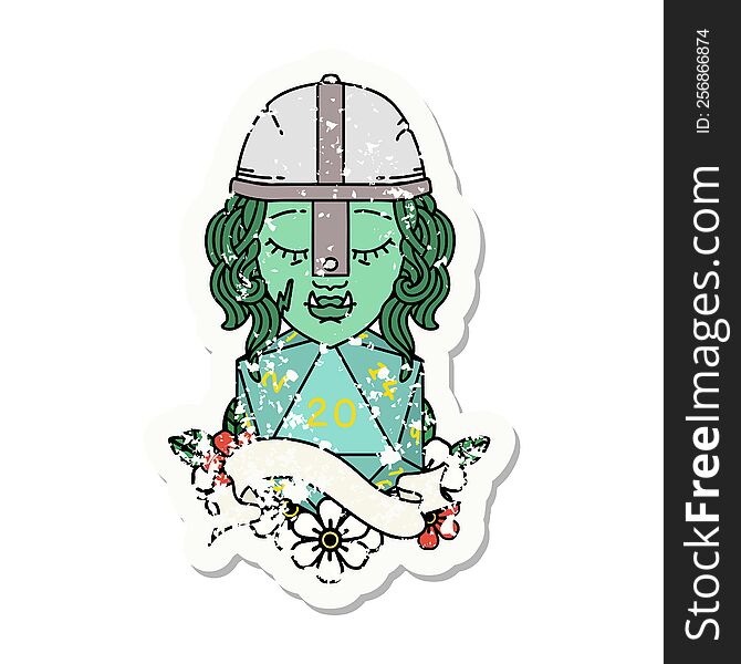 grunge sticker of a half orc fighter character with natural 20 dice roll. grunge sticker of a half orc fighter character with natural 20 dice roll