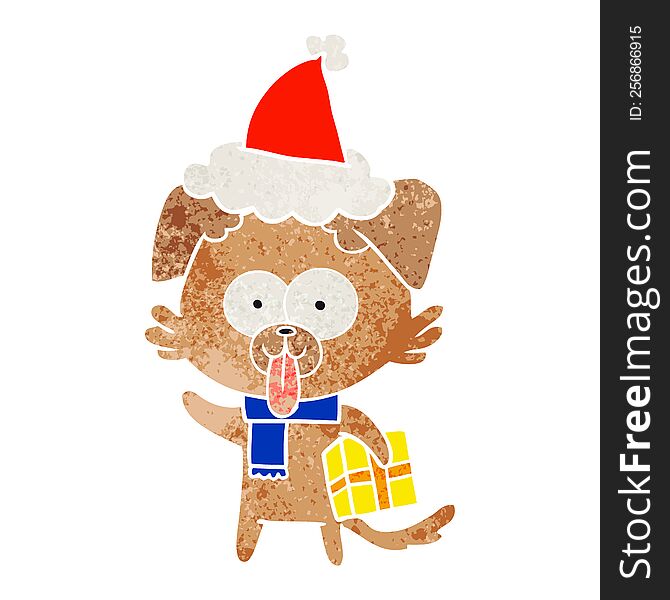 hand drawn retro cartoon of a dog with christmas present wearing santa hat