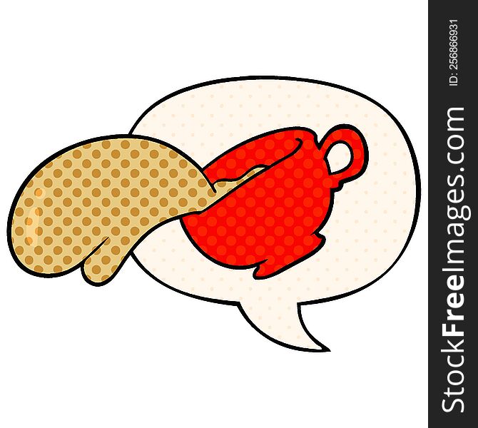cartoon mug of coffee with speech bubble in comic book style