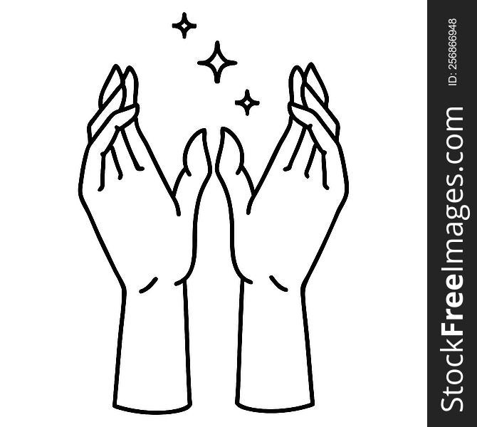 tattoo in black line style of reaching hands. tattoo in black line style of reaching hands