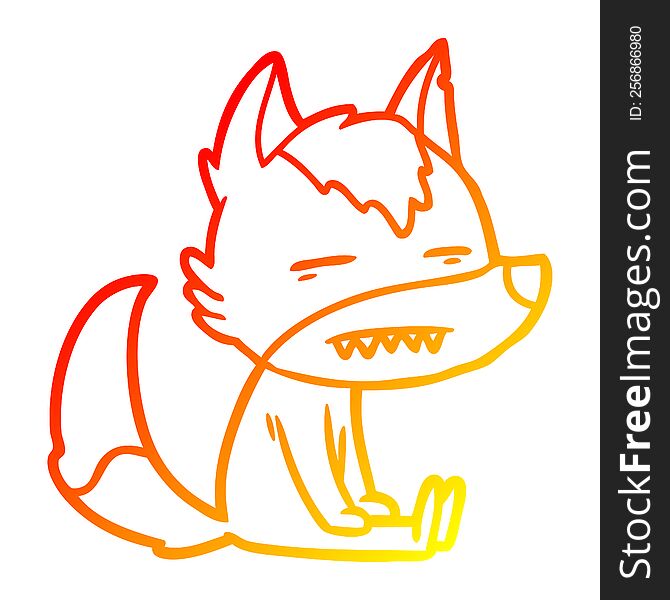 warm gradient line drawing of a cartoon sitting  wolf showing teeth