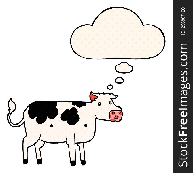 cartoon cow with thought bubble in comic book style
