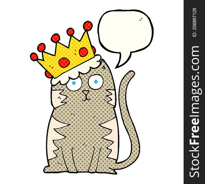 freehand drawn comic book speech bubble cartoon cat with crown