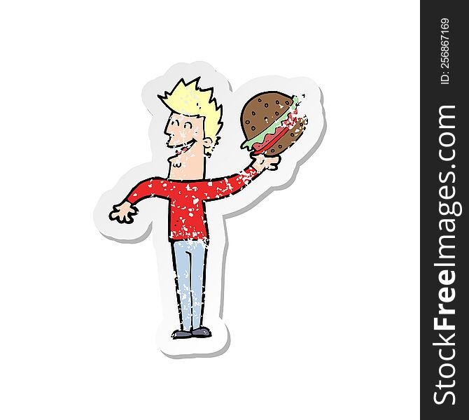 retro distressed sticker of a cartoon man with burger