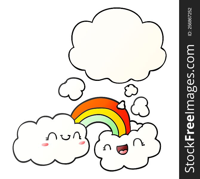 happy cartoon clouds and rainbow with thought bubble in smooth gradient style
