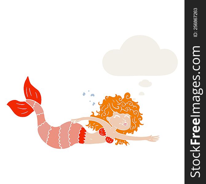 cartoon mermaid with thought bubble in retro style