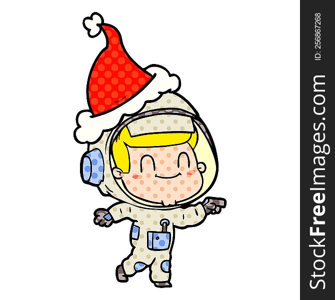 Happy Comic Book Style Illustration Of A Astronaut Man Wearing Santa Hat