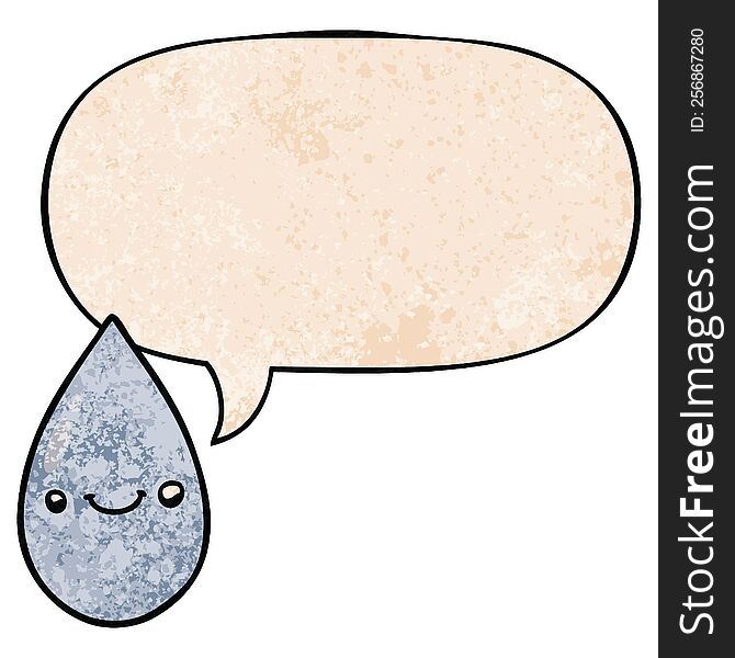 cartoon cute raindrop with speech bubble in retro texture style