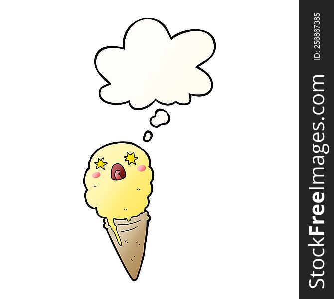 Cartoon Shocked Ice Cream And Thought Bubble In Smooth Gradient Style