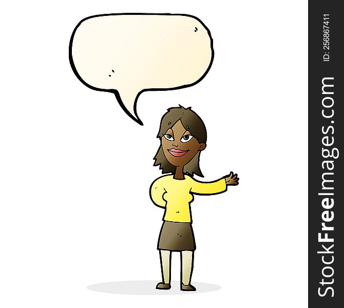 cartoon woman gesturing to show something with speech bubble