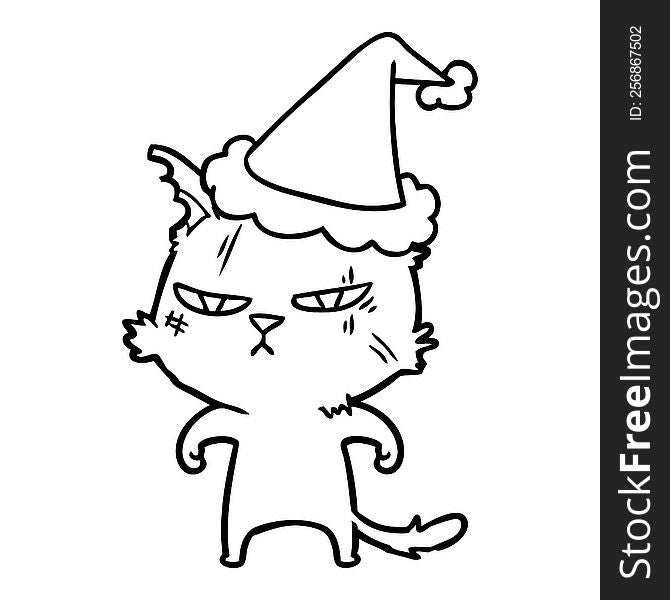 Tough Line Drawing Of A Cat Wearing Santa Hat