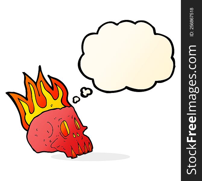 cartoon flaming skull with thought bubble