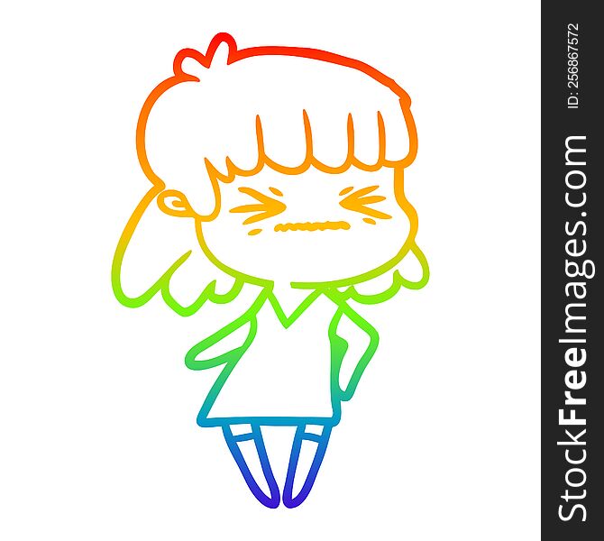 rainbow gradient line drawing of a cartoon angry girl