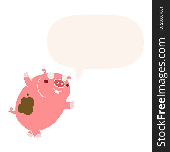 funny cartoon pig with speech bubble in retro style