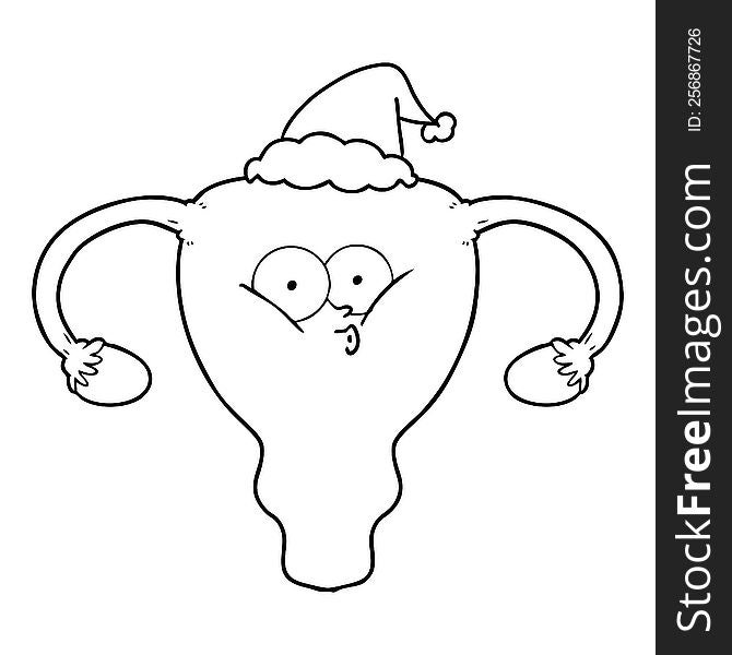 Line Drawing Of A Uterus Wearing Santa Hat