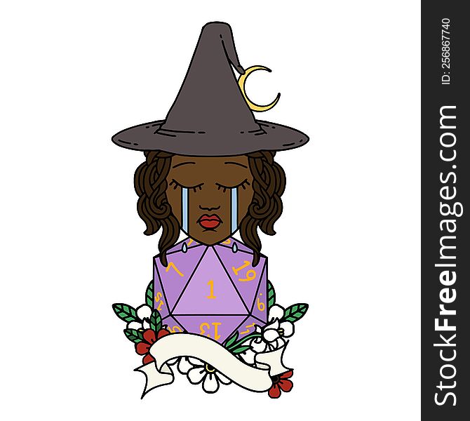 Retro Tattoo Style human witch with natural one D20 roll. Retro Tattoo Style human witch with natural one D20 roll