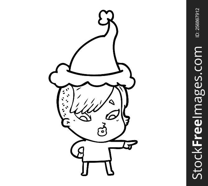 Line Drawing Of A Surprised Girl Pointing Wearing Santa Hat