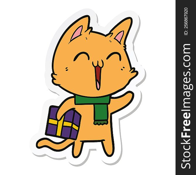 sticker of a happy cartoon cat with christmas gift