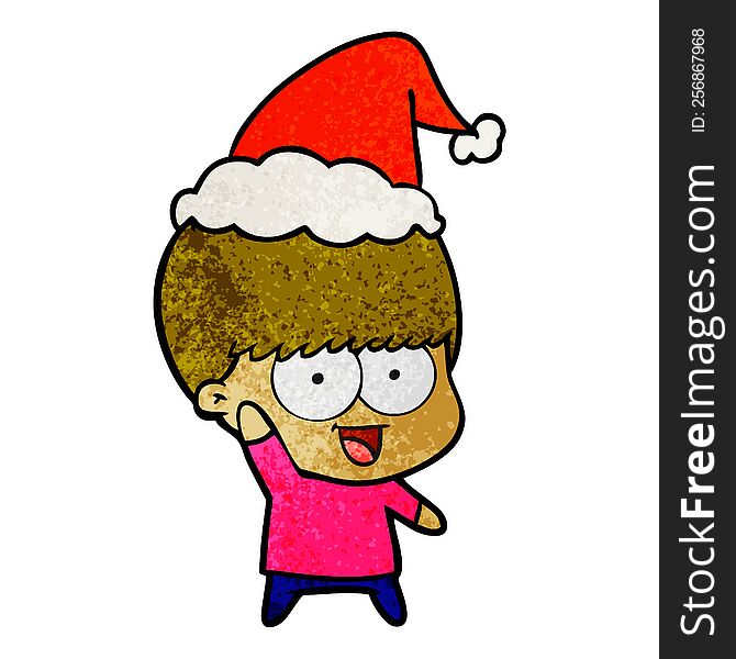 Happy Textured Cartoon Of A Boy Waving Wearing Santa Hat