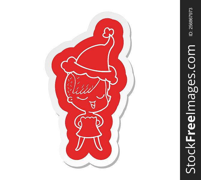 happy quirky cartoon  sticker of a girl in cocktail dress wearing santa hat