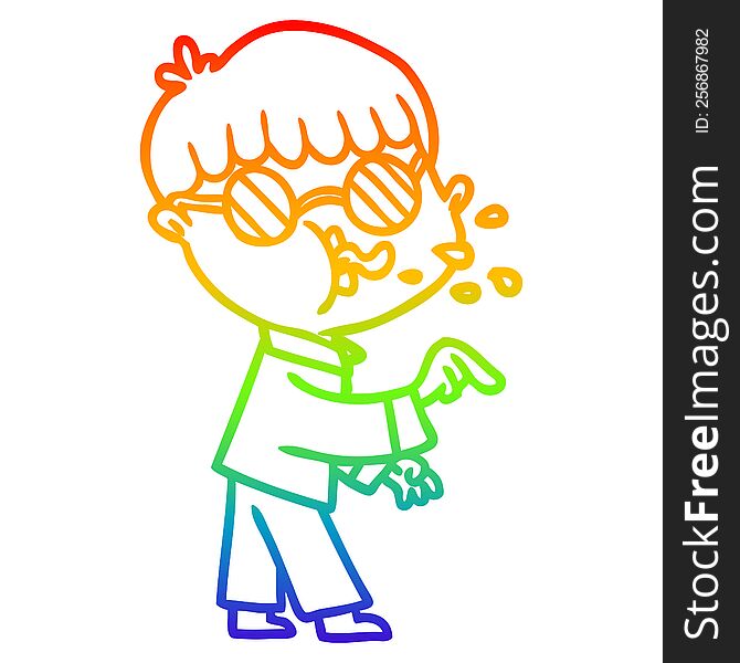 Rainbow Gradient Line Drawing Cartoon Boy Wearing Spectacles And Making Point
