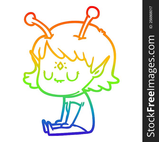Rainbow Gradient Line Drawing Cartoon Alien Girl Sitting