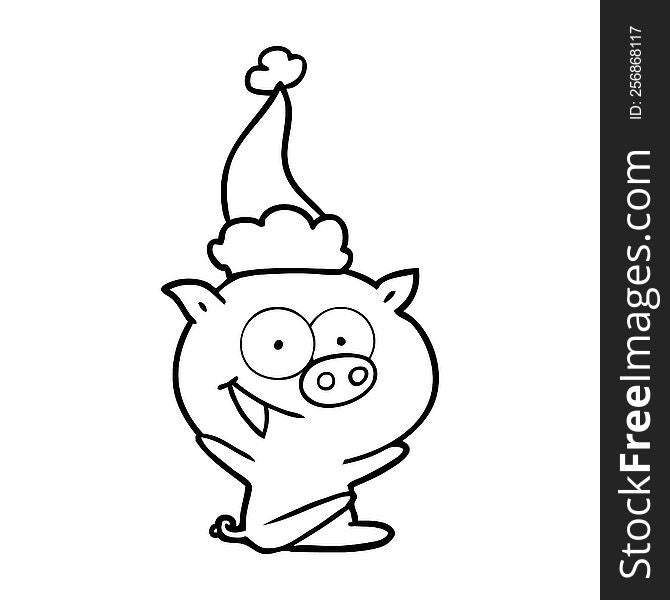 cheerful sitting pig line drawing of a wearing santa hat