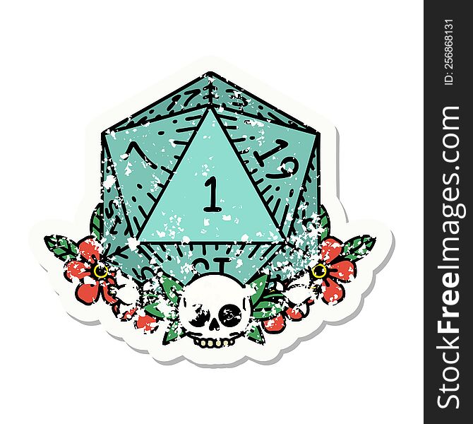 grunge sticker of a natural one dice roll with floral elements. grunge sticker of a natural one dice roll with floral elements