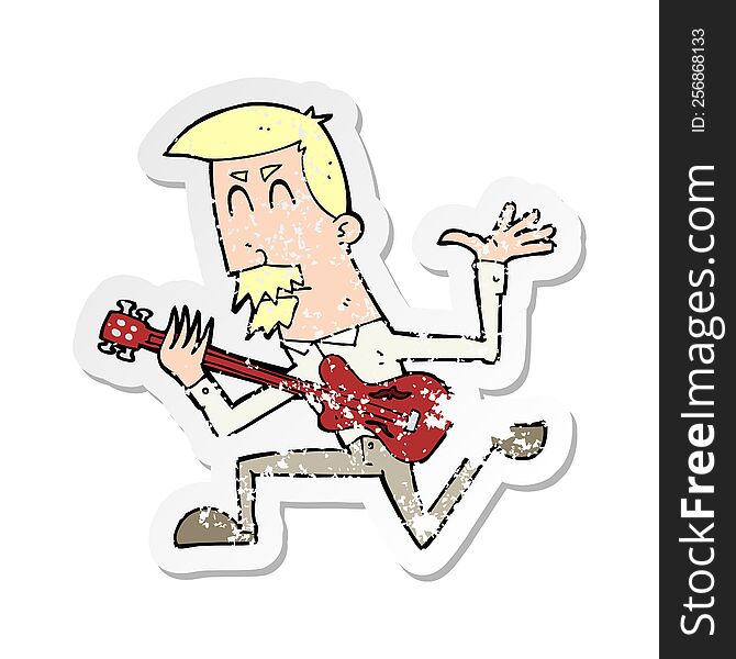 retro distressed sticker of a cartoon man playing electric guitar