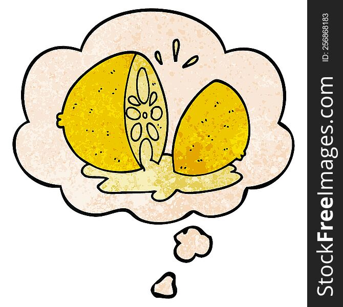 cartoon cut lemon with thought bubble in grunge texture style. cartoon cut lemon with thought bubble in grunge texture style