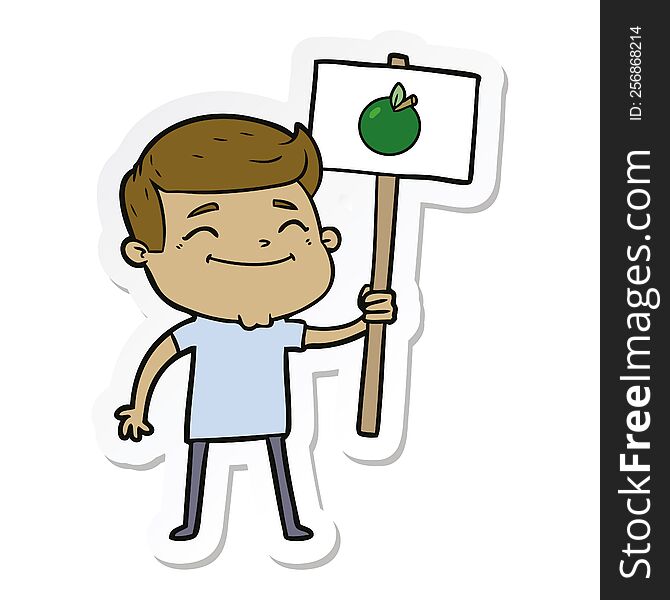 sticker of a happy cartoon man with apple placard