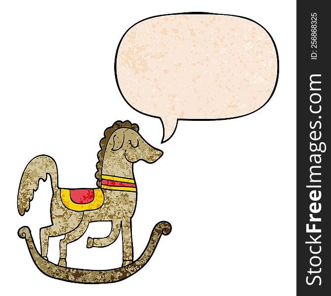 cartoon rocking horse and speech bubble in retro texture style