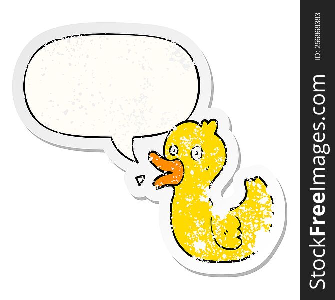 cartoon quacking duck with speech bubble distressed distressed old sticker. cartoon quacking duck with speech bubble distressed distressed old sticker