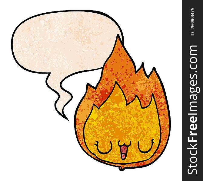 cartoon flame with face with speech bubble in retro texture style. cartoon flame with face with speech bubble in retro texture style