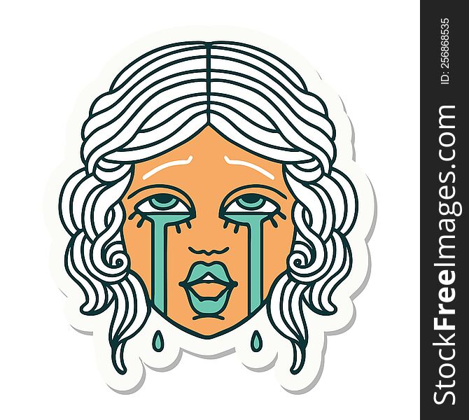 Tattoo Style Sticker Of A Very Happy Crying Female Face