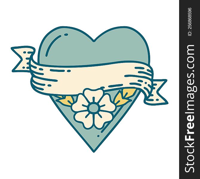 Tattoo Style Icon Of A Heart Flower And Banner