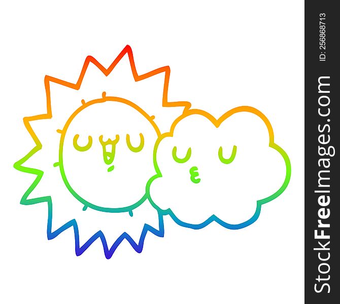 Rainbow Gradient Line Drawing Cartoon Sun And Cloud