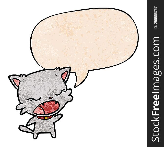 Cute Cartoon Cat Talking And Speech Bubble In Retro Texture Style
