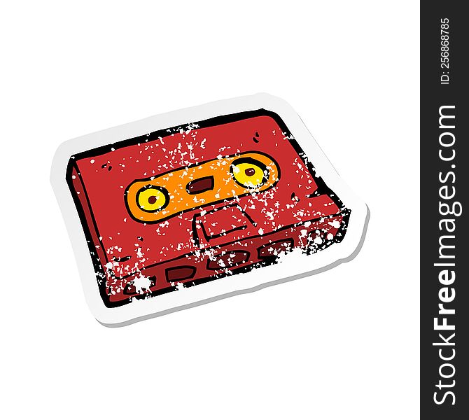 retro distressed sticker of a cartoon cassette tape