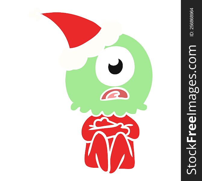 hand drawn flat color illustration of a cyclops alien spaceman wearing santa hat