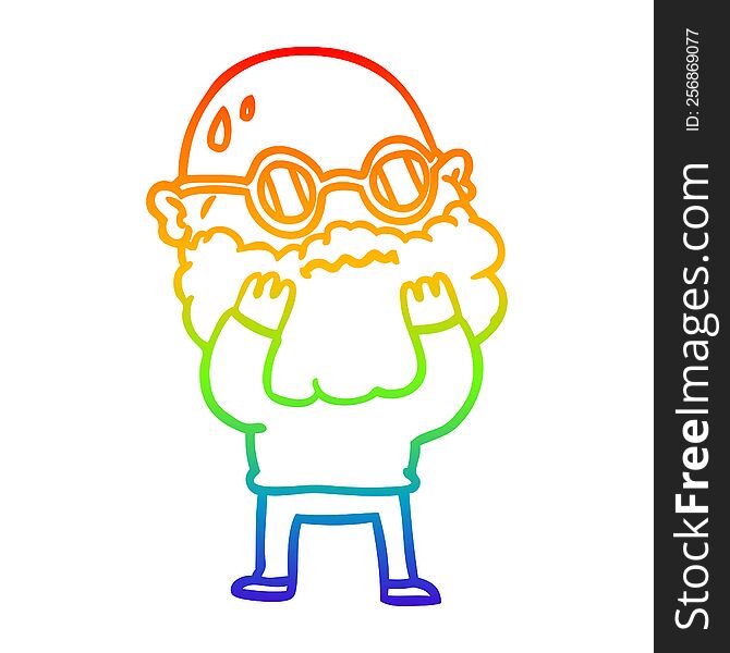 rainbow gradient line drawing cartoon worried man with beard and spectacles