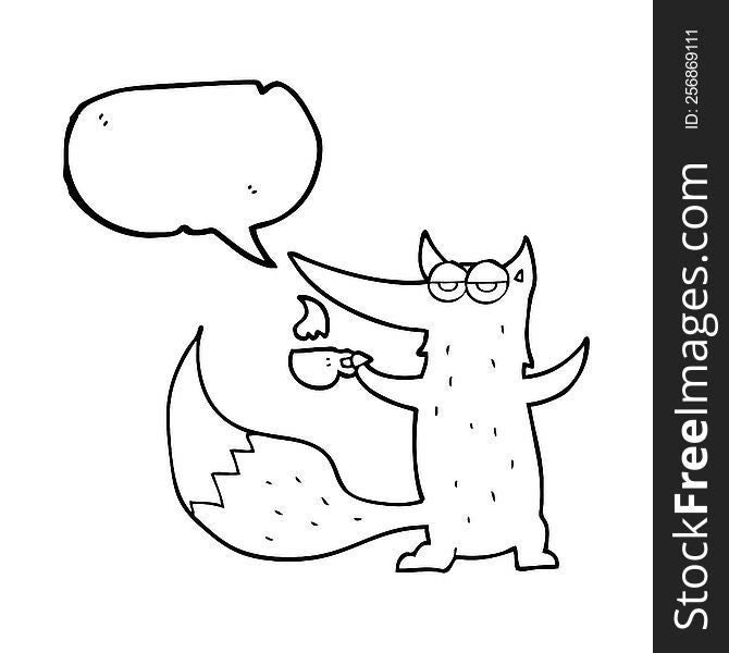 freehand drawn speech bubble cartoon wolf with coffee cup