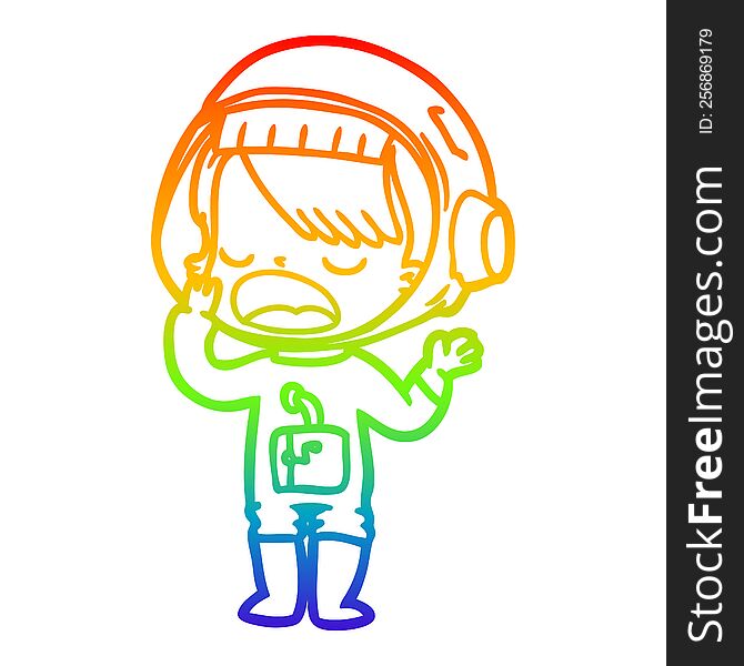 rainbow gradient line drawing of a cartoon astronaut girl yawning