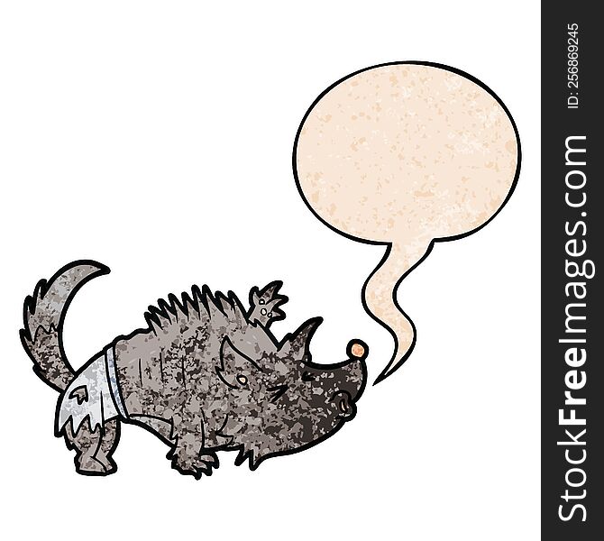 Cartoon Halloween Werewolf And Speech Bubble In Retro Texture Style