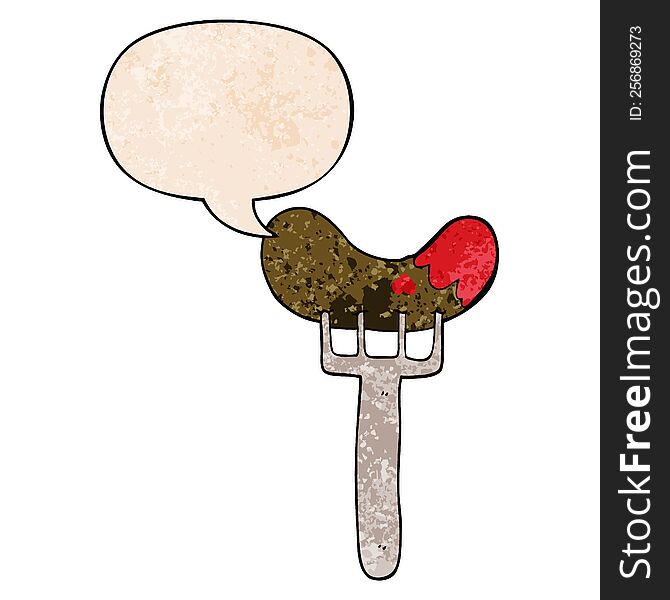 cartoon sausage on fork with speech bubble in retro texture style