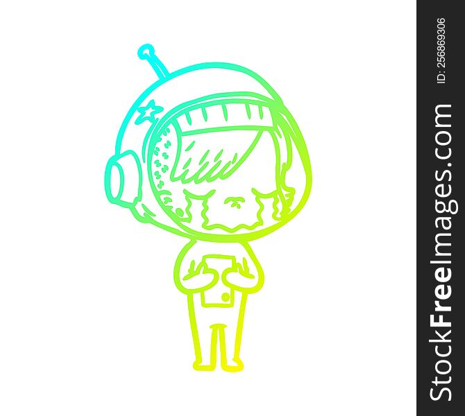 cold gradient line drawing of a cartoon crying astronaut girl