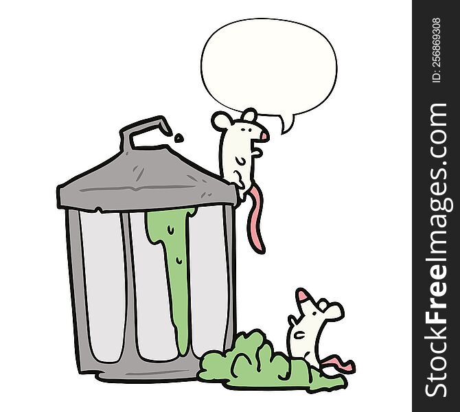 Cartoon Old Metal Garbage Can And Mice And Speech Bubble